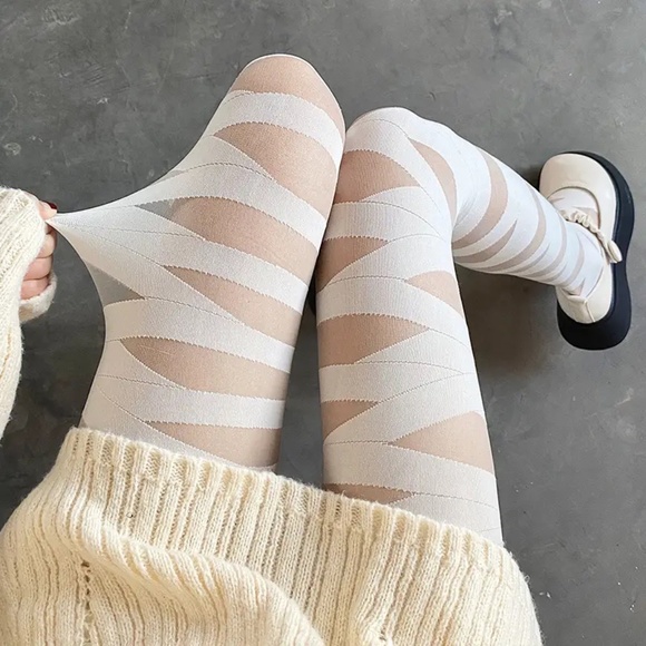White Bandage Tights OS Mummy Costume Striped Criss Cross Sheer Y2k Halloween Pa - Picture 9 of 10